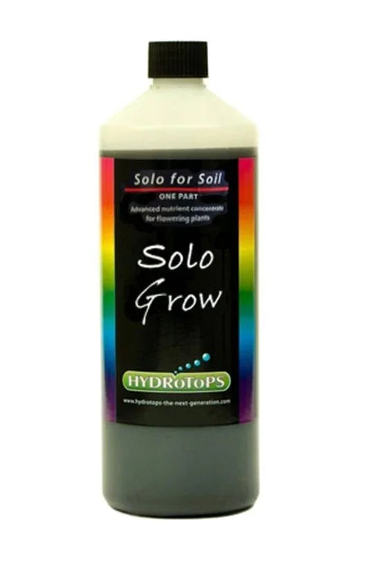 Bottle of HydroTops Solo Grow advanced nutrient concentrate for flowering plants in soil.