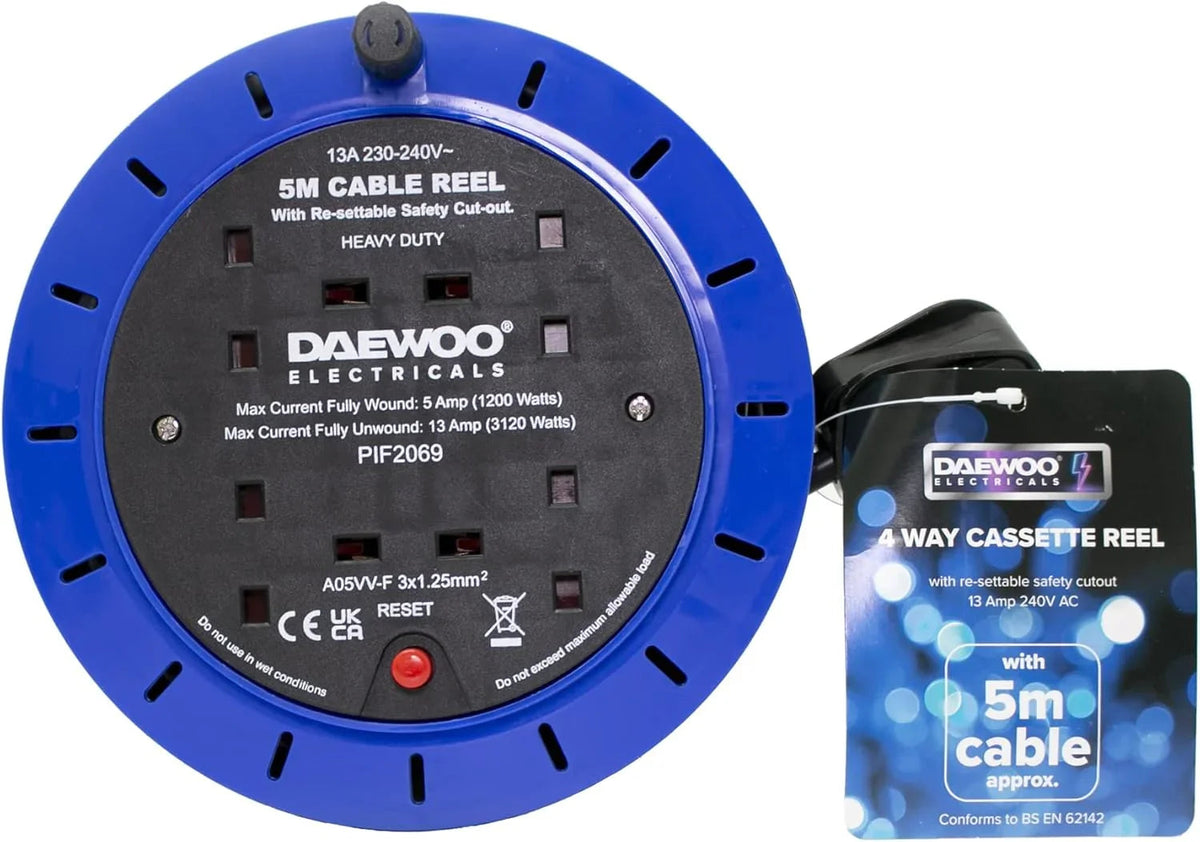 A Daewoo 4-gang extension reel with 5 metres of cable, giving you four extra sockets exactly where you need them around the