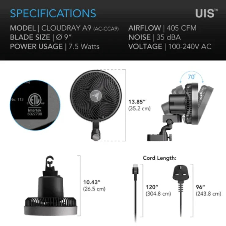AC Infinity Cloudray A9 clip fan
