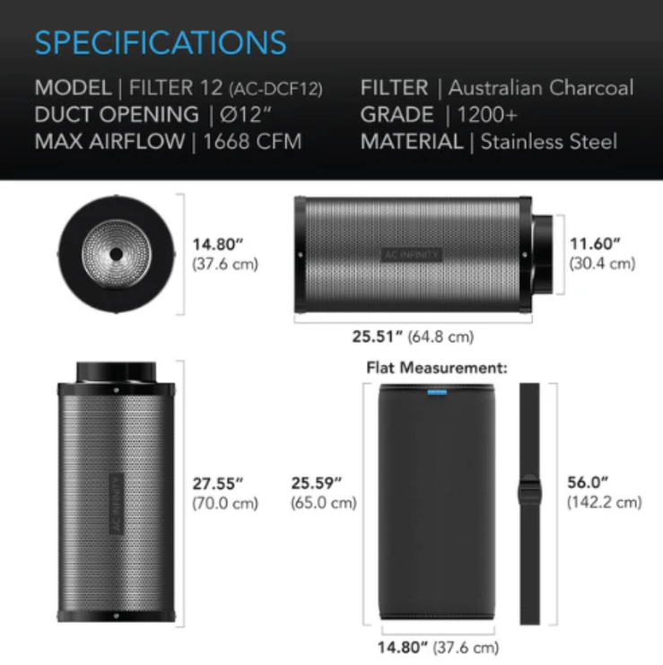 Carbon Filters - 4 inch = 356 m3/hour - DiscountHydro.com - 44.99 - AC Infinity, Fans & Filters > Carbon Filters