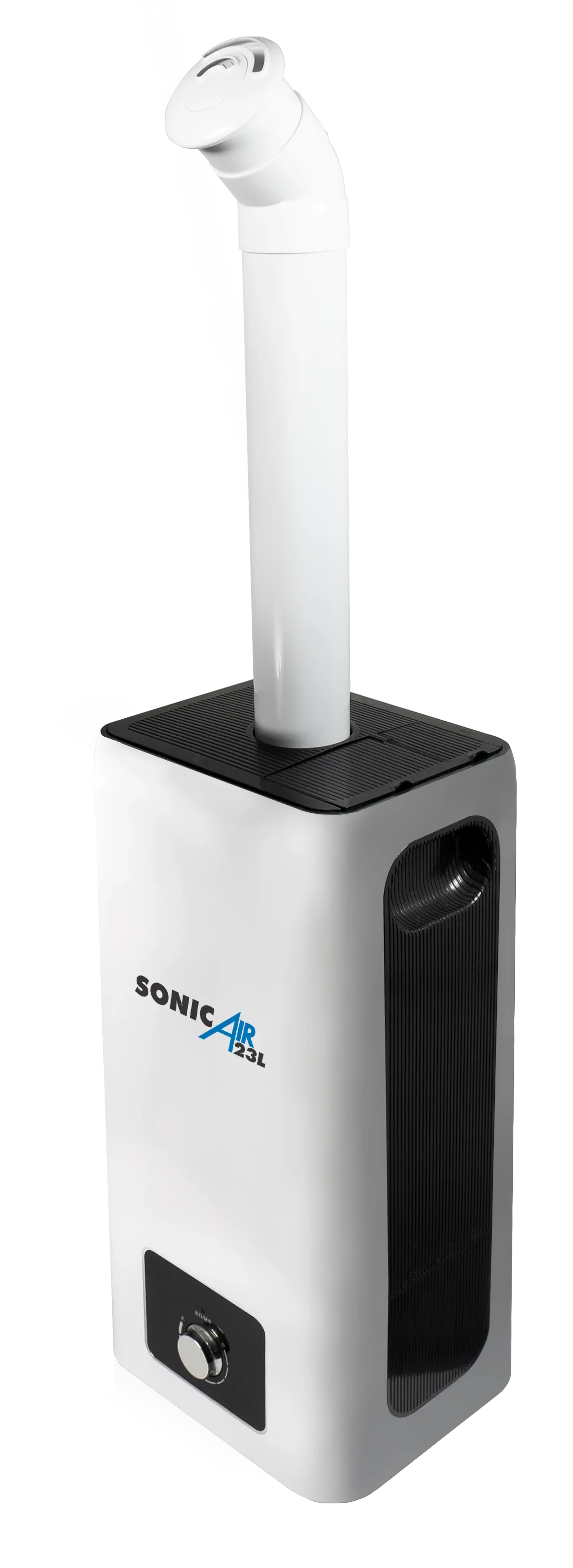 SonicAir 23L Humidifier with a 1440ml/hr max output, mechanical float-valve top-up and wheels for easy mobility.