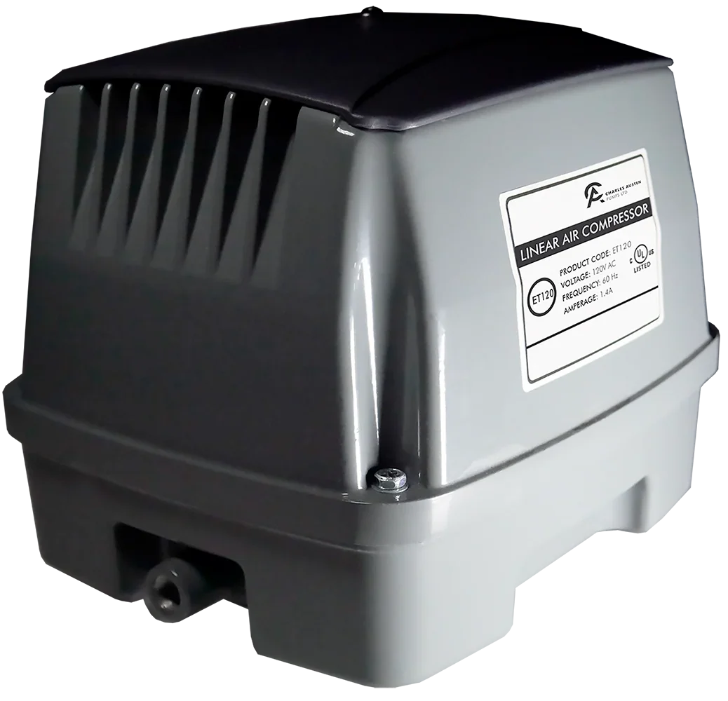 Enviro ET Series air pump, a robust weatherproof unit with energy-efficient green drive technology for high water aeration flow.