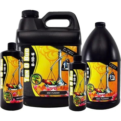 Assorted sizes of Ton O Bud Mid Flower hydroponic nutrient bottles