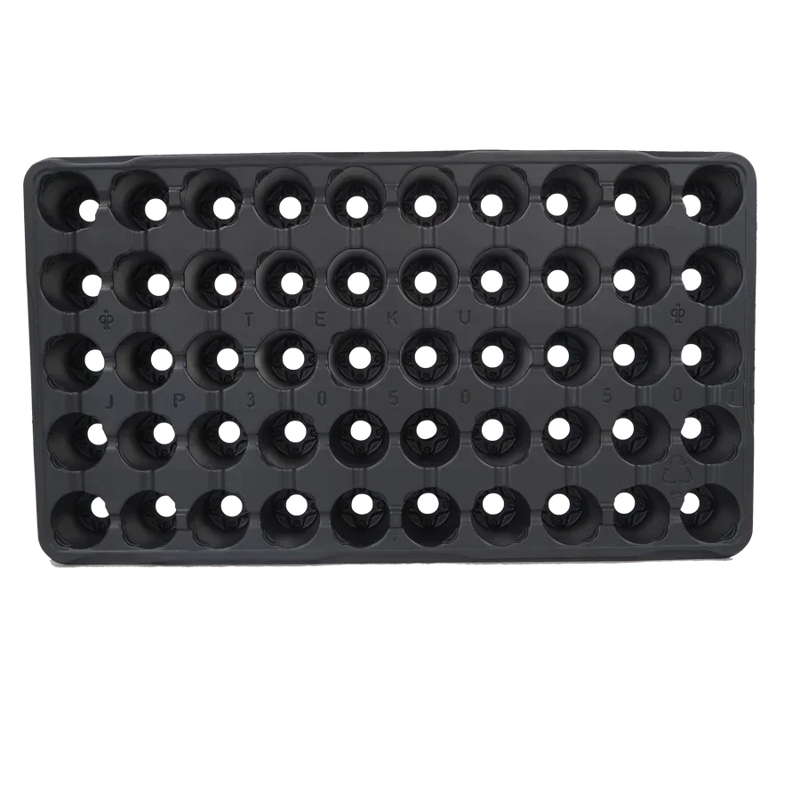 Black plastic seedling seed starter tray with multiple circular cells