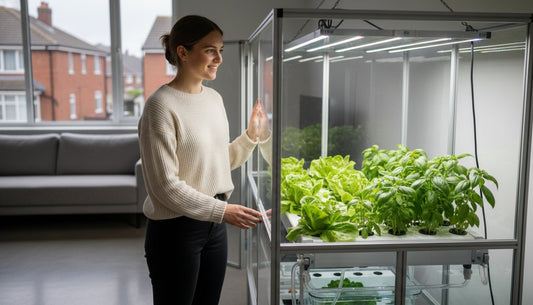 Woman admiring fresh lettuce and basil growing in a hydroponic indoor grow tent system