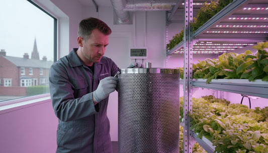 Technician in grey overalls adjusting a perforated metal hydroponic filter in a grow room.