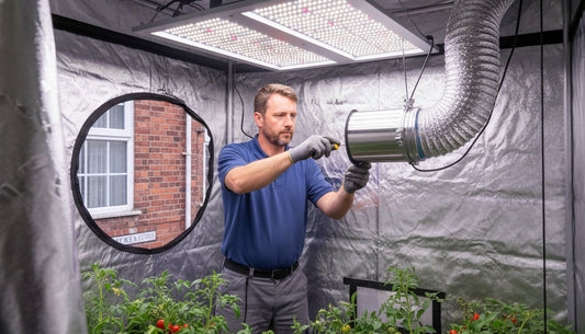 A man installing a silver ducting vent inside a hydroponic grow tent with LED lighting.