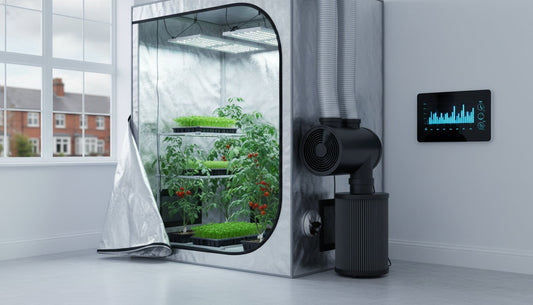 Hydroponic grow tent with LED lighting, ventilation system, and growing tomato plants.