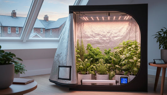 Compact indoor grow tent with LED lighting and hydroponic herbs in a home setting