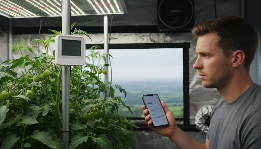 Man monitoring tomato plants in a hydroponic grow room using a smartphone app