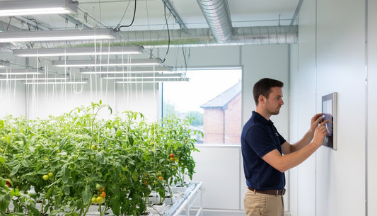 A technician monitoring a commercial hydroponic tomato grow room using a wall-mounted control panel.