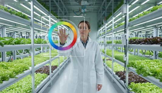 Female scientist in a lab coat interacting with a digital interface in a hydroponic farm