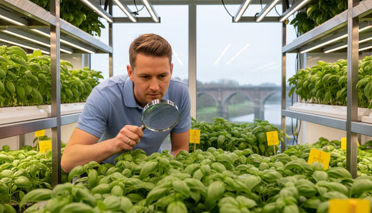 A man using a magnifying glass to inspect basil plants in a hydroponic grow room.