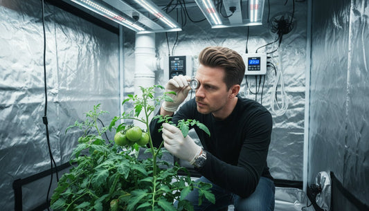 A grower using a magnifying glass to inspect green tomatoes in a hydroponic grow tent.
