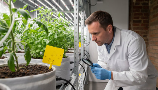 Scientist in a white coat using a magnifying glass to inspect plants in a hydroponic grow room
