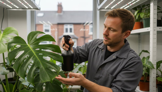 A man using a black spray bottle to mist a Monstera plant in a grow room with LED lighting.