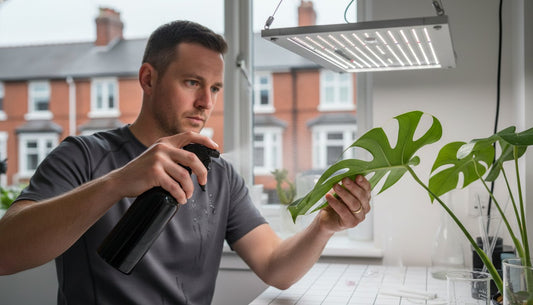 Man using a spray bottle to mist a Monstera plant under a LED grow light.