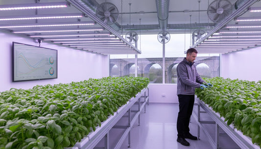 A worker tending to hydroponic basil in a modern grow room with LED lighting and monitoring screens.