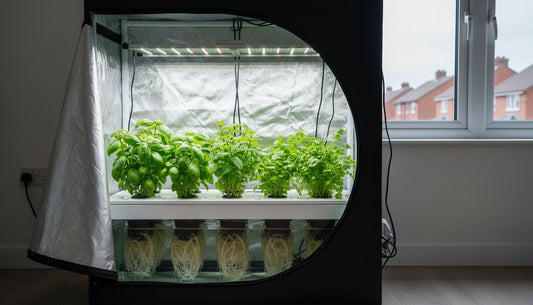 Basil plants growing in a deep water culture hydroponic system inside a grow tent