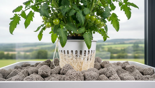 Tomato plant in a hydroponic net pot with visible white roots sitting on expanded clay pebbles