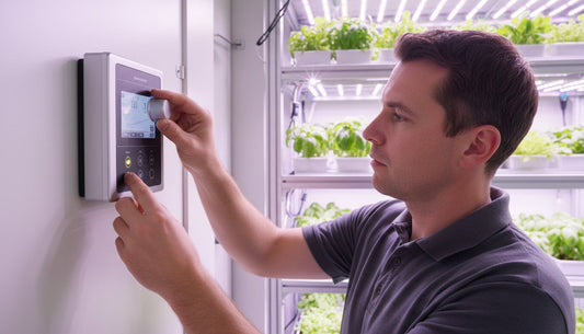 Man adjusting a digital climate control panel in a hydroponic grow room with lettuce shelves.