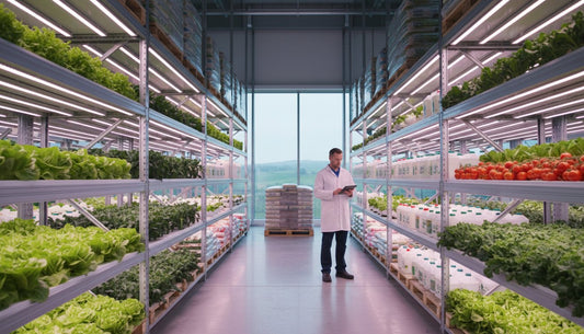 Scientist in a white lab coat monitoring a commercial hydroponic vertical farm