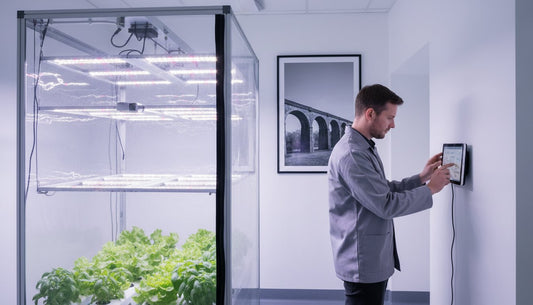 Scientist monitoring indoor hydroponic lettuce growth using a wall-mounted digital control panel