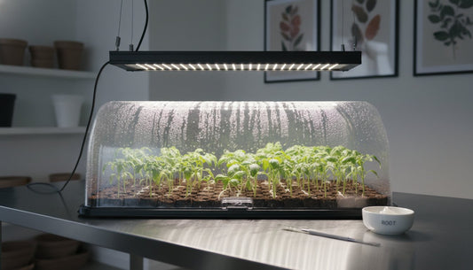 Seedling propagation tray with humidity dome and LED grow light for indoor gardening.