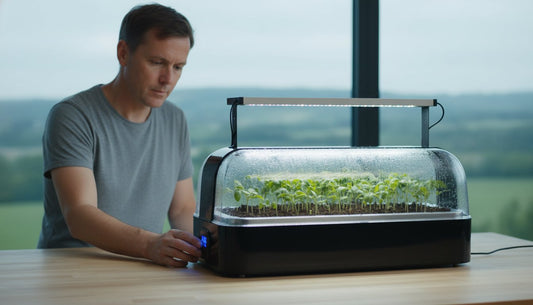 Man using a hydroponic seed starter kit with LED grow light and humidity dome.