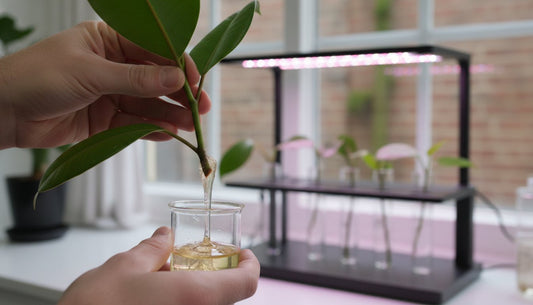 Hand dipping a plant cutting into rooting hormone for hydroponic propagation