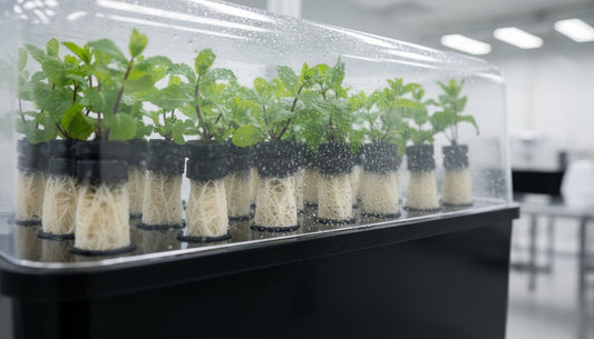 Hydroponic mint plants growing in net pots with visible white roots in a clear grow tray.