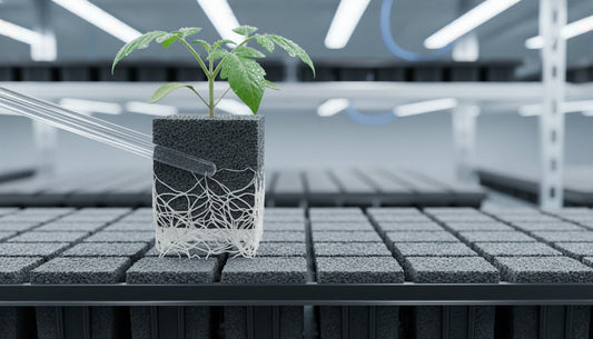 A small plant growing in a rockwool cube with visible white roots in a hydroponic system.