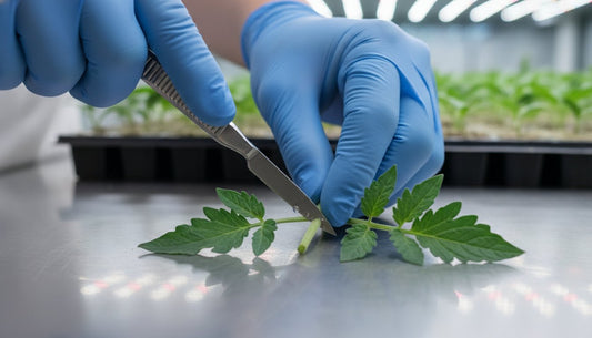 Hands in blue gloves using a scalpel to take a cutting from a plant stem