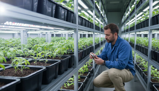 Male technician monitoring young plants in a hydroponic grow room with LED lighting.