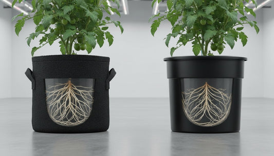 Comparison of tomato plants in a fabric grow bag and a plastic pot with root view windows