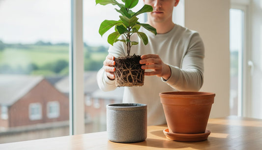 Person transplanting a small green plant from root ball into a grey grow pot