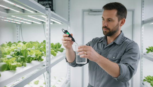 A technician testing nutrient solution with a digital meter in a hydroponic grow room.