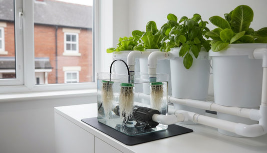Indoor hydroponic system with white buckets and lettuce growing in a nutrient reservoir
