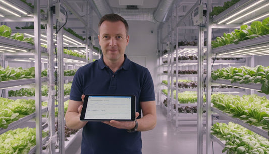 Man holding a tablet monitoring plants in a commercial hydroponic indoor vertical farm