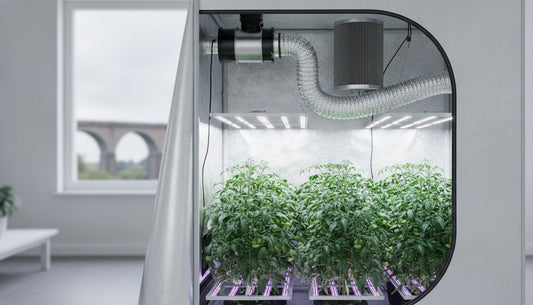 Hydroponic grow cabinet with LED lights, ventilation system, and healthy green plants.