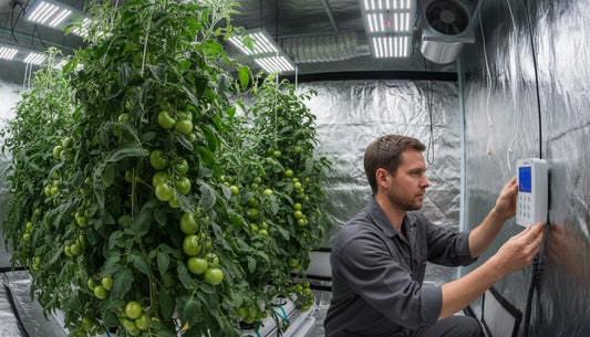 A grower monitoring a hydroponic tomato system using a digital control panel in a grow room.