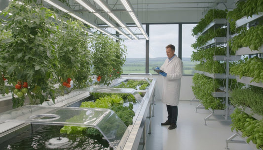 Scientist monitoring plants in a commercial hydroponic vertical farm with LED lighting