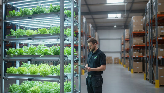 A technician using a tablet to monitor lettuce in a vertical hydroponic farming system.