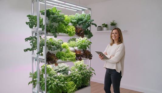 A woman standing next to a vertical hydroponic garden growing fresh leafy greens and herbs.