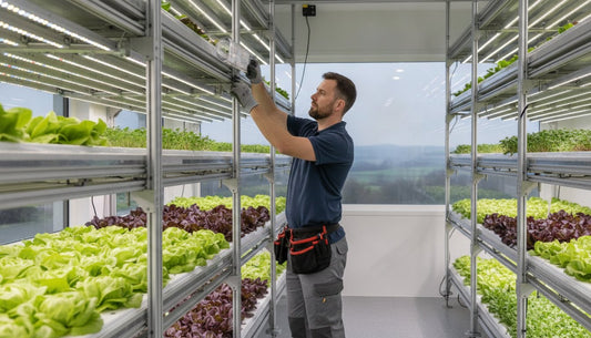 A technician maintaining a vertical hydroponic farming system with led grow lights