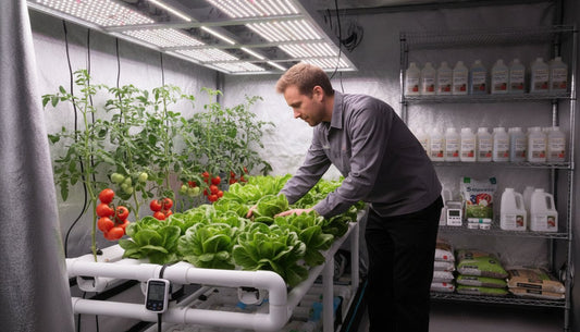 Man tending to lettuce and tomato plants in a hydroponic grow room with LED lighting