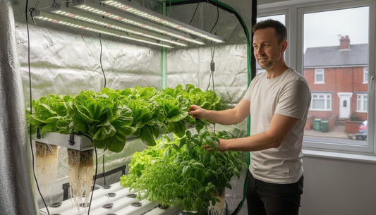 Man tending to lettuce and basil in a hydroponic grow tent with LED lighting