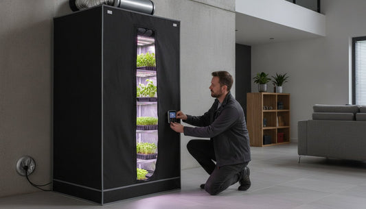Man adjusting a digital controller on a black hydroponic grow tent with indoor plants