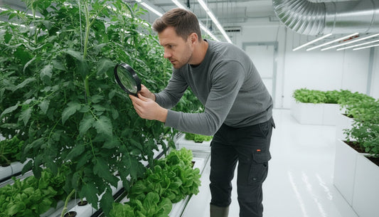 A grower using a magnifying glass to inspect tomato plants in a hydroponic grow room.