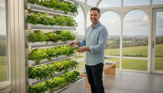 A man harvesting fresh herbs from a vertical hydroponic indoor garden system.